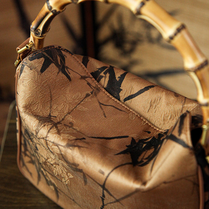 Heritage Mulberry Silk Bamboo Handle Bag Chinese Jacquard Top Handle Purse