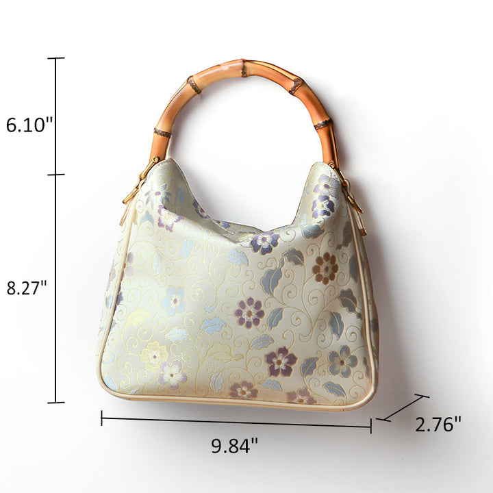 Luxury Song Brocade Silk Handbag with Bamboo Handle &amp; Leather Trim