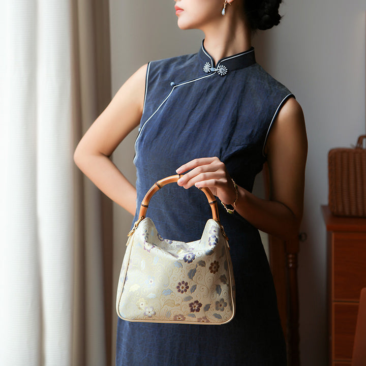 Luxury Song Brocade Silk Handbag with Bamboo Handle &amp; Leather Trim