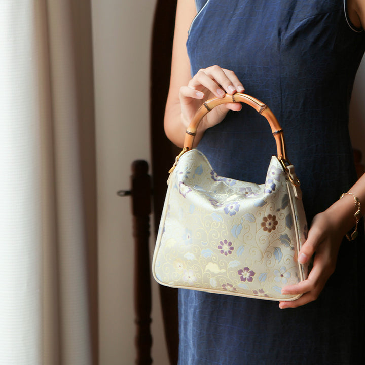Luxury Song Brocade Silk Handbag with Bamboo Handle &amp; Leather Trim