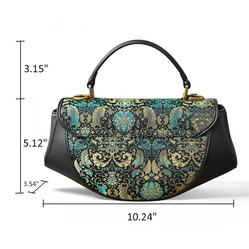 Chinese Silk Brocade Saddle Bag Cowhide Leather Top Handle Bag Green