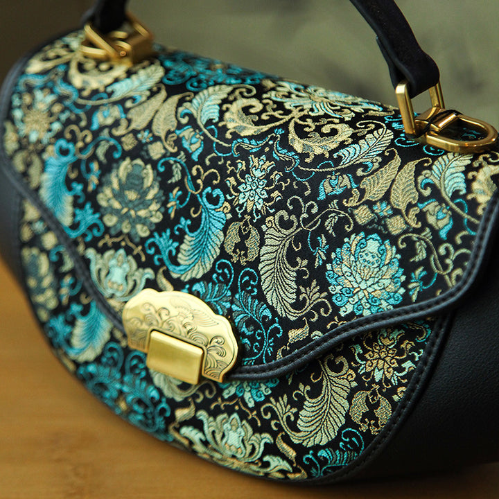 Chinese Silk Brocade Saddle Bag Cowhide Leather Top Handle Bag Green