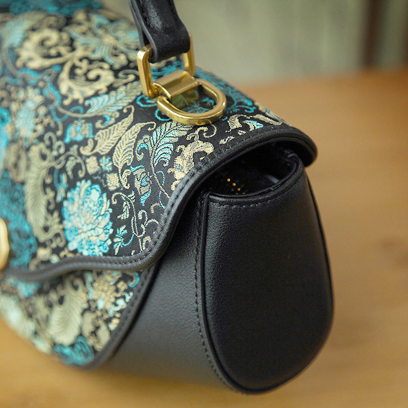 Chinese Silk Brocade Saddle Bag Cowhide Leather Top Handle Bag Green