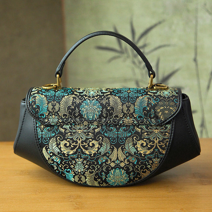 Chinese Silk Brocade Saddle Bag Cowhide Leather Top Handle Bag Green