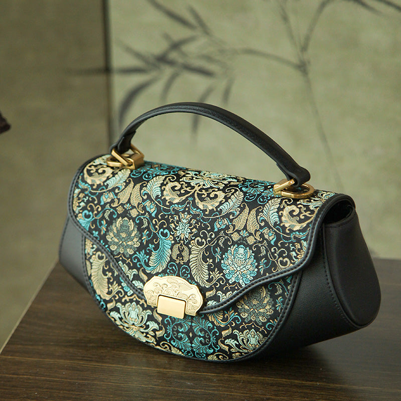 Chinese Silk Brocade Saddle Bag Cowhide Leather Top Handle Bag Green