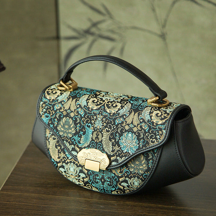 Chinese Silk Brocade Saddle Bag Cowhide Leather Top Handle Bag Green