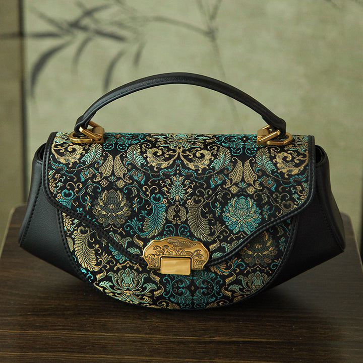 Chinese Silk Brocade Saddle Bag Cowhide Leather Top Handle Bag Green