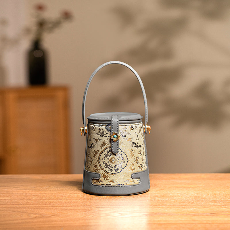 Chinoiserie Fabric Bucket Bag Chinese Silk Crossbody Purse