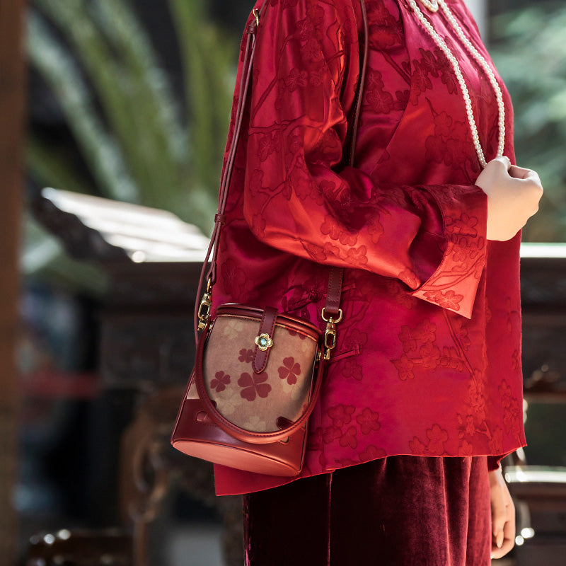 Chinoiserie Fabric Bucket Bag Chinese Silk Crossbody Purse