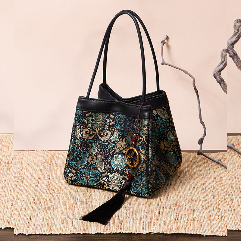 Brocade Silk Material Handbag Floral Chinoiserie Silk Bag