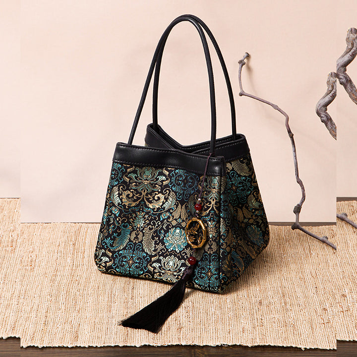Brocade Silk Material Handbag Floral Chinoiserie Silk Bag