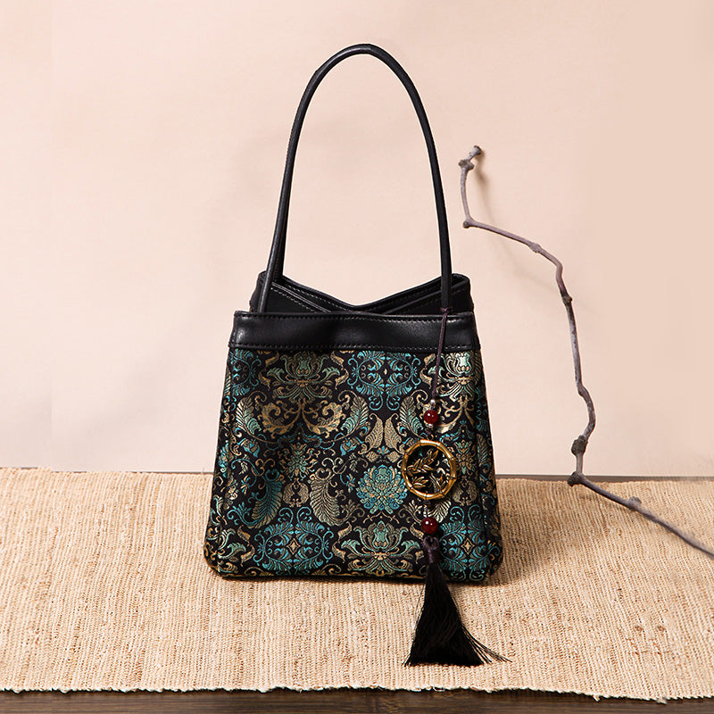 Brocade Silk Material Handbag Floral Chinoiserie Silk Bag