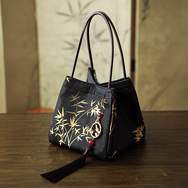 Mulberry Silk Song Brocade Handbag Golden Bamboo Bag with Tassel