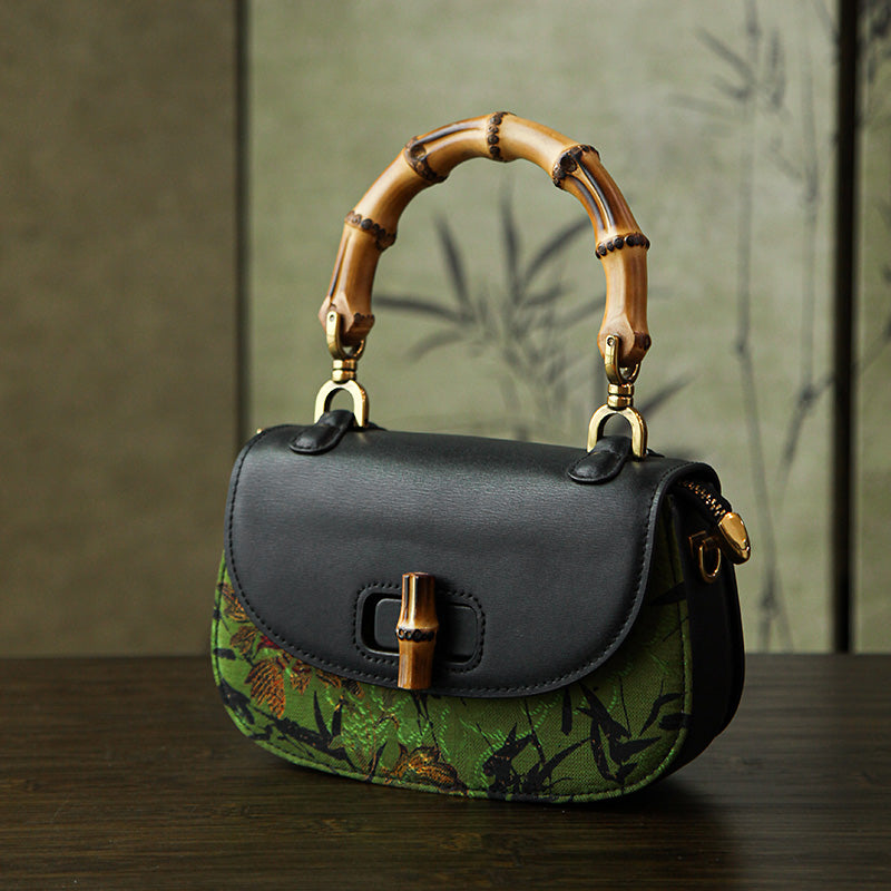 Mulberry Silk Leather Saddle Bag Green Bamboo Chinoiserie