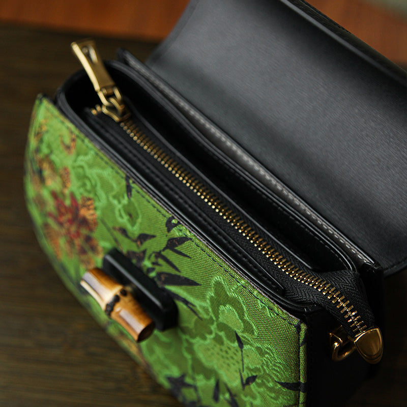Mulberry Silk Leather Saddle Bag Green Bamboo Chinoiserie