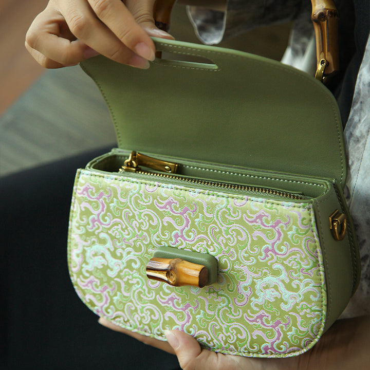 Leather Saddle Bag Mulberry Silk Dragon Chinoiserie Bamboo