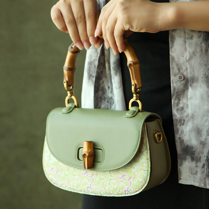 Leather Saddle Bag Mulberry Silk Dragon Chinoiserie Bamboo