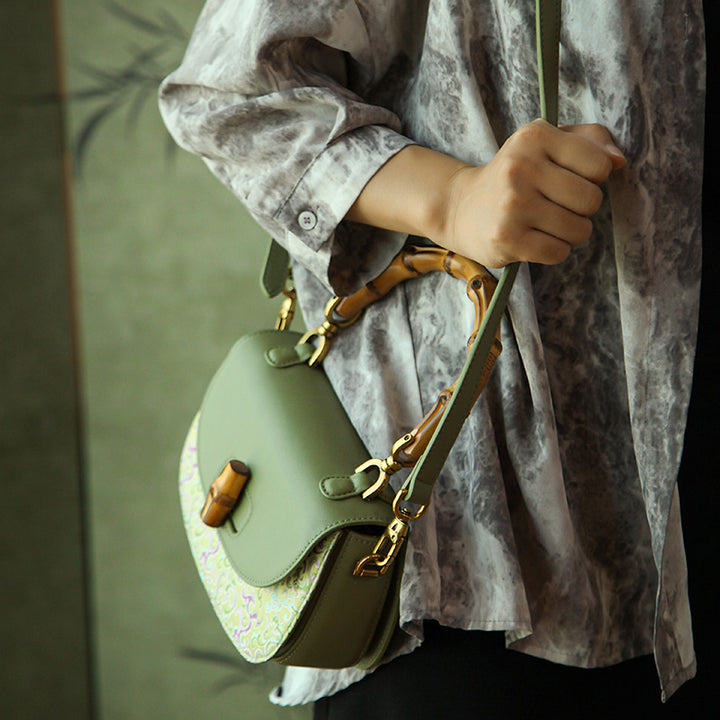 Leather Saddle Bag Mulberry Silk Dragon Chinoiserie Bamboo