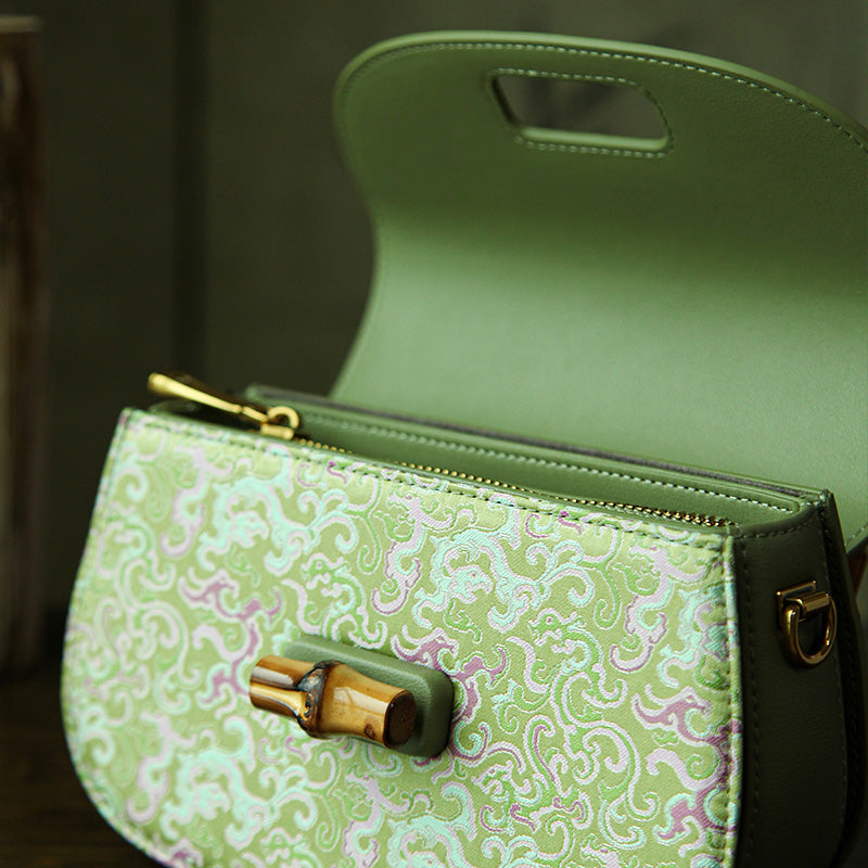 Leather Saddle Bag Mulberry Silk Dragon Chinoiserie Bamboo