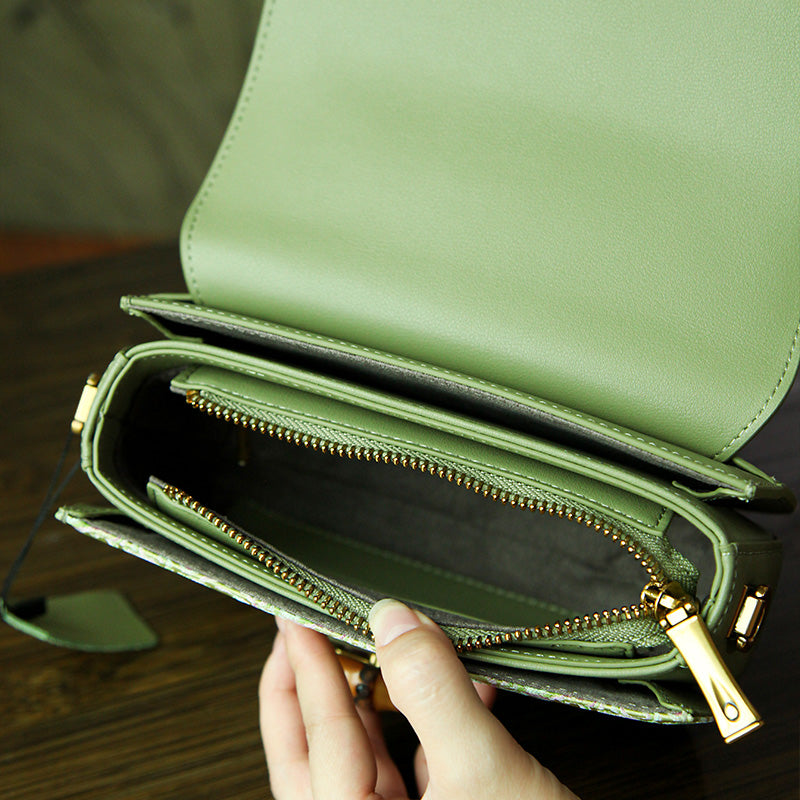 Leather Saddle Bag Mulberry Silk Dragon Chinoiserie Bamboo