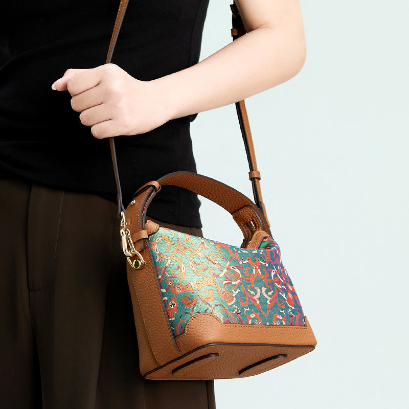 Top Grain Leather Mulberry Silk Handbag Chinese Pattern Shu Brocade Crossbody