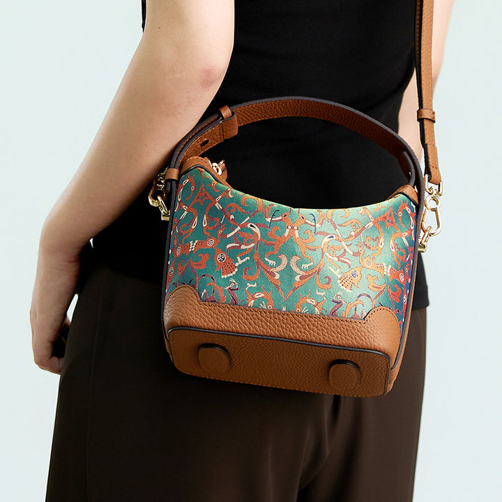 Top Grain Leather Mulberry Silk Handbag Chinese Pattern Shu Brocade Crossbody