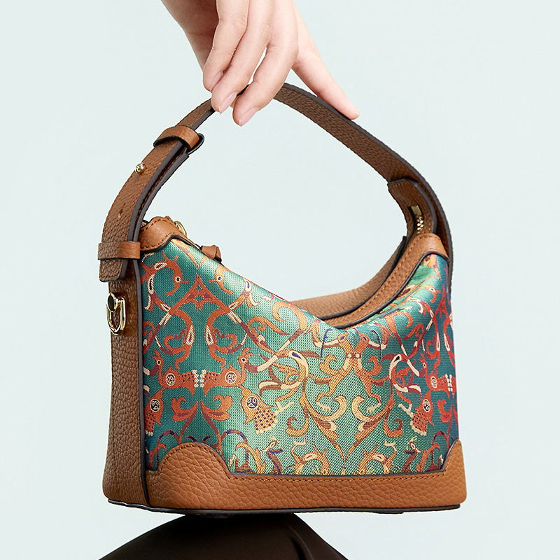 Top Grain Leather Mulberry Silk Handbag Chinese Pattern Shu Brocade Crossbody