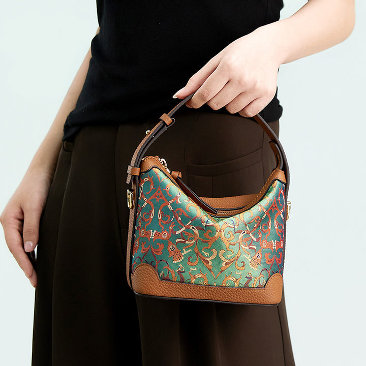 Top Grain Leather Mulberry Silk Handbag Chinese Pattern Shu Brocade Crossbody