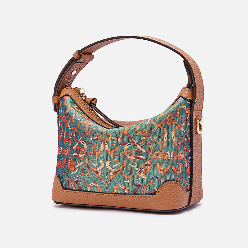 Top Grain Leather Mulberry Silk Handbag Chinese Pattern Shu Brocade Crossbody