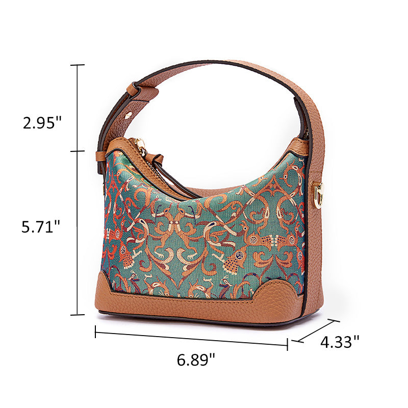 Top Grain Leather Mulberry Silk Handbag Chinese Pattern Shu Brocade Crossbody