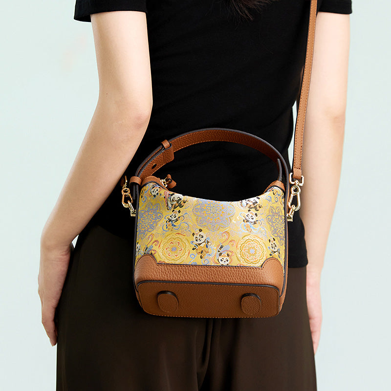 Chinese Silk Leather Handbag Song Brocade Flying Panda Top Handle Crossbody Bag