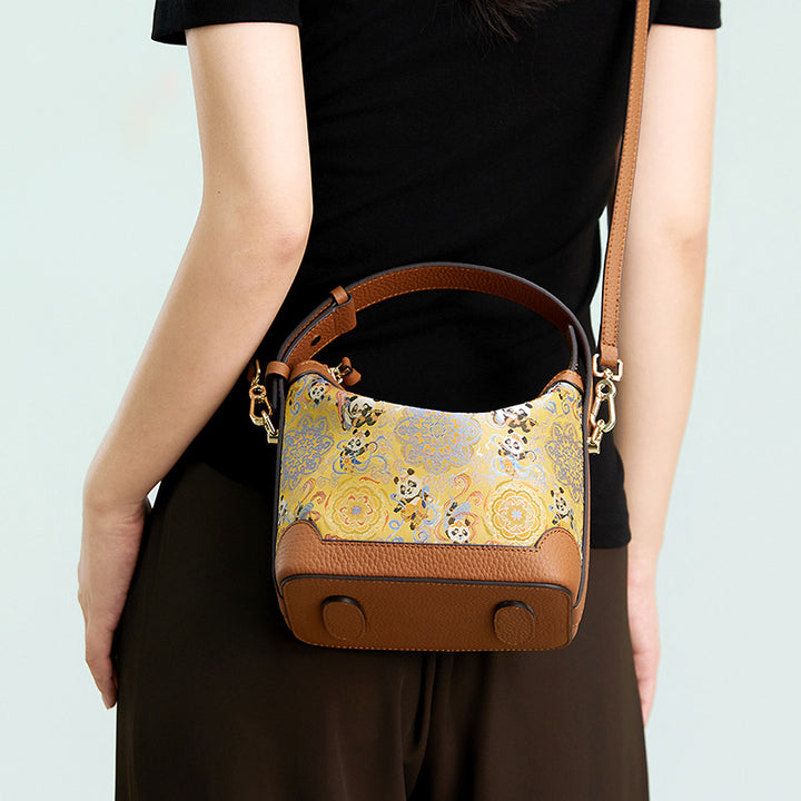 Chinese Silk Leather Handbag Song Brocade Flying Panda Top Handle Crossbody Bag