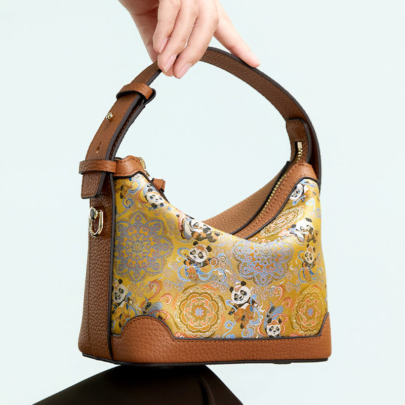Chinese Silk Leather Handbag Song Brocade Flying Panda Top Handle Crossbody Bag