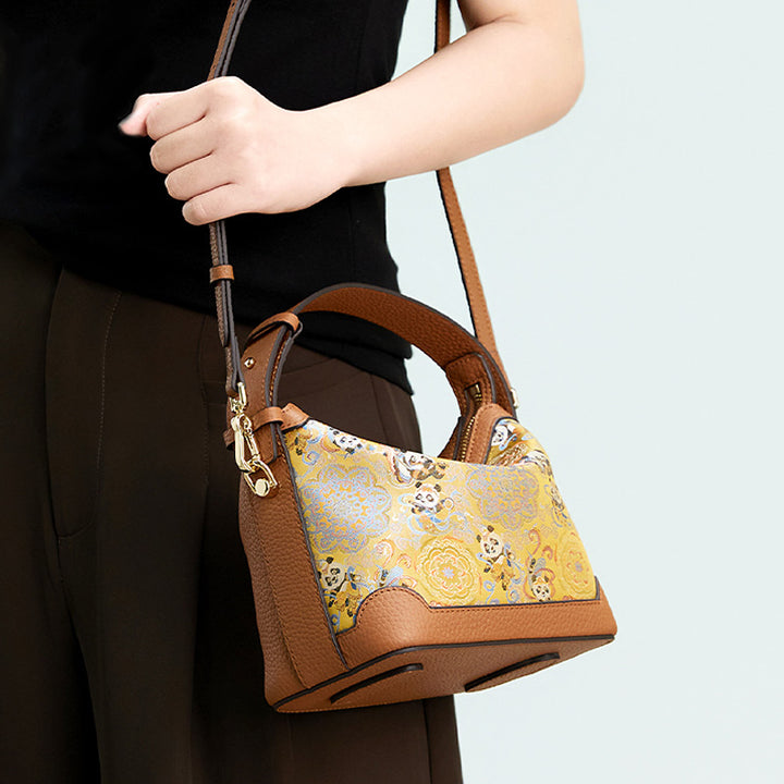 Chinese Silk Leather Handbag Song Brocade Flying Panda Top Handle Crossbody Bag