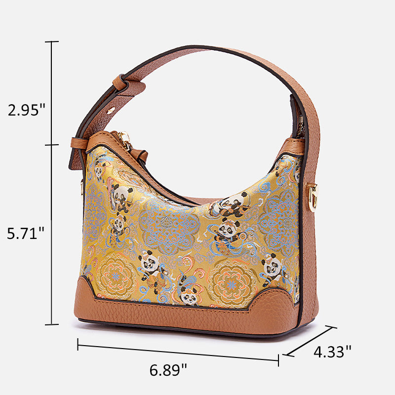 Chinese Silk Leather Handbag Song Brocade Flying Panda Top Handle Crossbody Bag