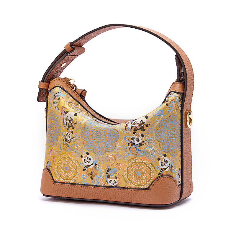 Chinese Silk Leather Handbag Song Brocade Flying Panda Top Handle Crossbody Bag