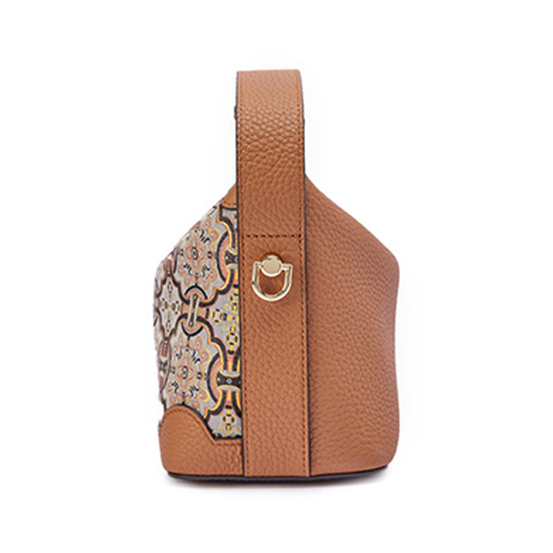 Song Brocade Leather Handbag with Black Gold Dingsheng Motif Top Handle Crossbody Bag