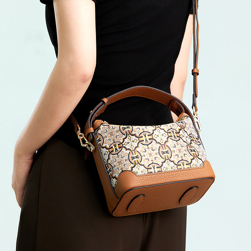 Song Brocade Leather Handbag with Black Gold Dingsheng Motif Top Handle Crossbody Bag