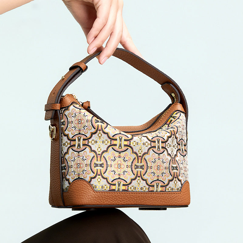 Song Brocade Leather Handbag with Black Gold Dingsheng Motif Top Handle Crossbody Bag