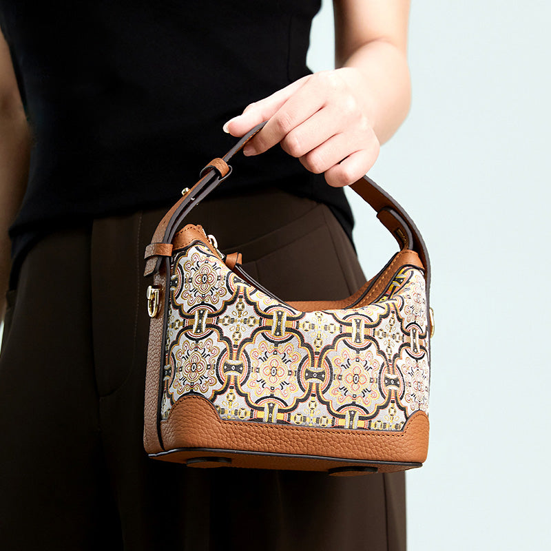 Song Brocade Leather Handbag with Black Gold Dingsheng Motif Top Handle Crossbody Bag