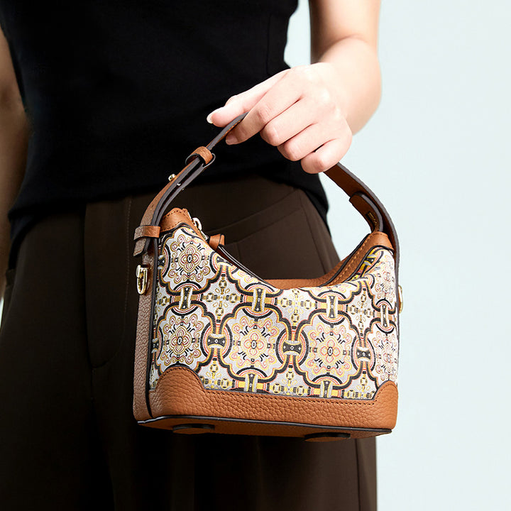 Song Brocade Leather Handbag with Black Gold Dingsheng Motif Top Handle Crossbody Bag