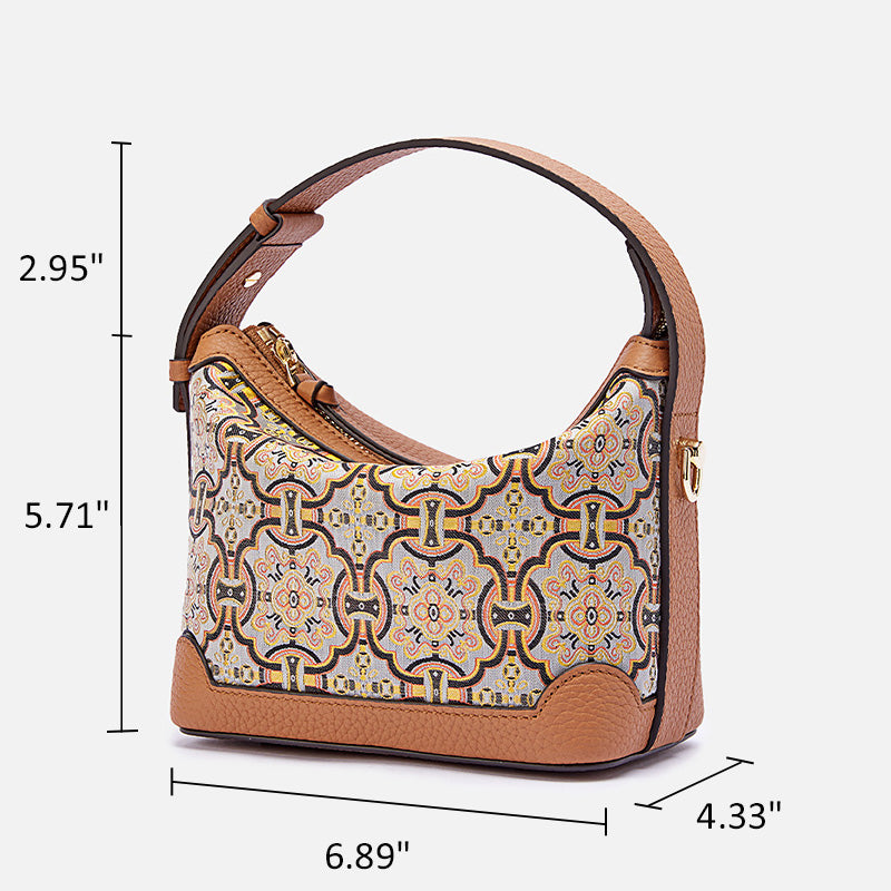 Song Brocade Leather Handbag with Black Gold Dingsheng Motif Top Handle Crossbody Bag