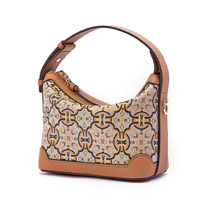 Song Brocade Leather Handbag with Black Gold Dingsheng Motif Top Handle Crossbody Bag