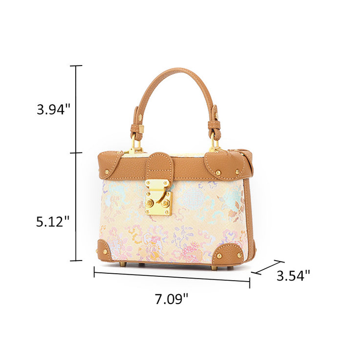 Yellow Leather Handbag Chinese Brocade Top Handle Crossbody Bag with Sanduo Motif