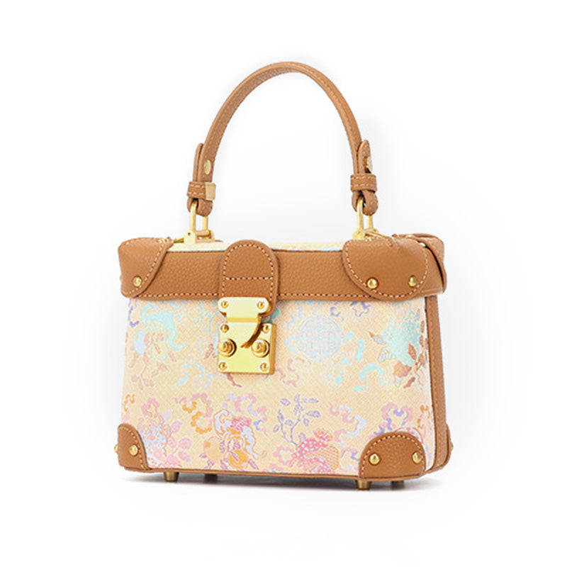 Yellow Leather Handbag Chinese Brocade Top Handle Crossbody Bag with Sanduo Motif