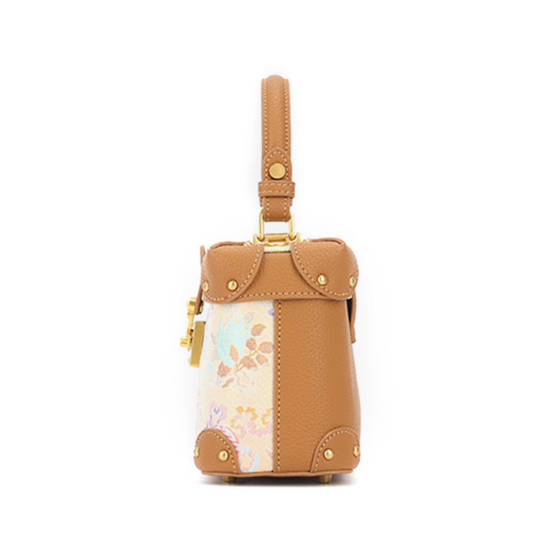 Yellow Leather Handbag Chinese Brocade Top Handle Crossbody Bag with Sanduo Motif