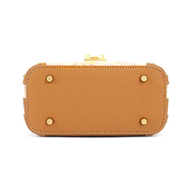 Yellow Leather Handbag Chinese Brocade Top Handle Crossbody Bag with Sanduo Motif