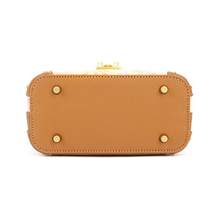 Yellow Leather Handbag Chinese Brocade Top Handle Crossbody Bag with Sanduo Motif