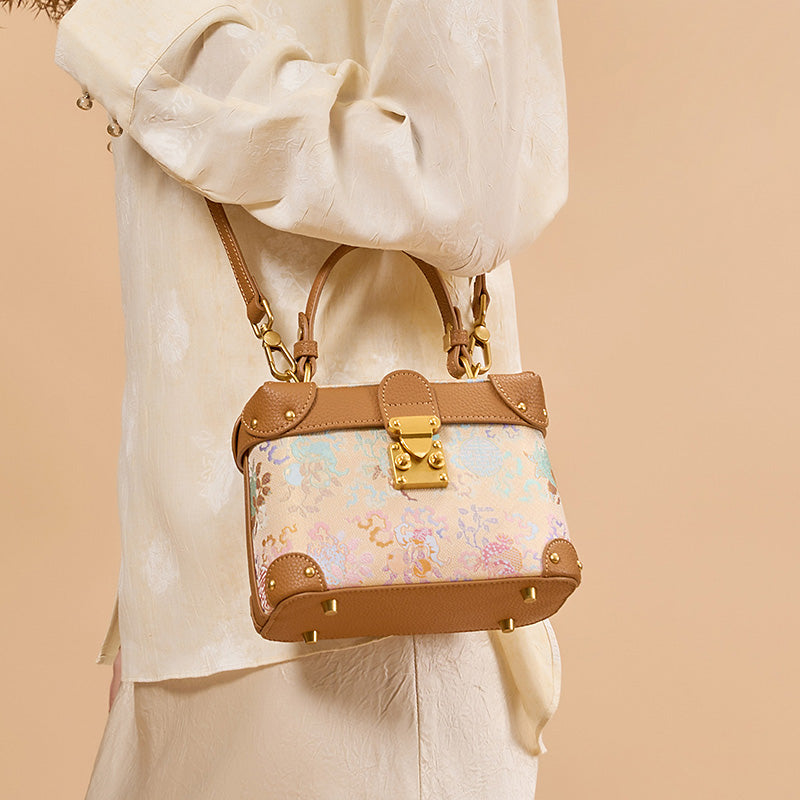 Yellow Leather Handbag Chinese Brocade Top Handle Crossbody Bag with Sanduo Motif