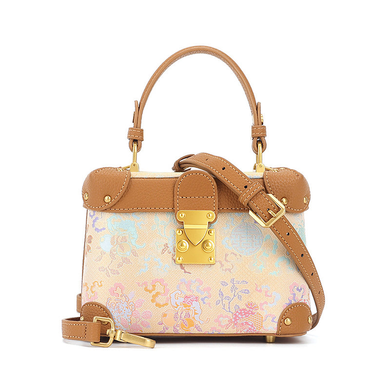 Yellow Leather Handbag Chinese Brocade Top Handle Crossbody Bag with Sanduo Motif